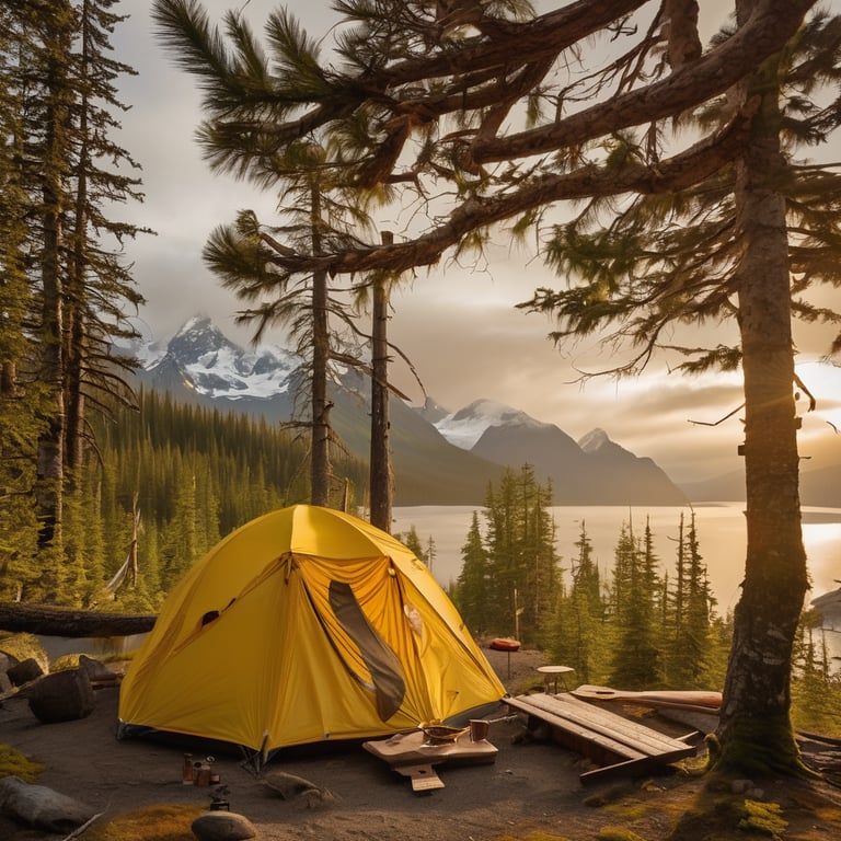 A bright yellow cabin rests in the wild Alaska woods at sunrise. A canoe, boulders, and a campsite sign sit nearby, while binoculars hang from a tree branch. Dusty golden air gives the peaceful scene a warm, adventurous glow.