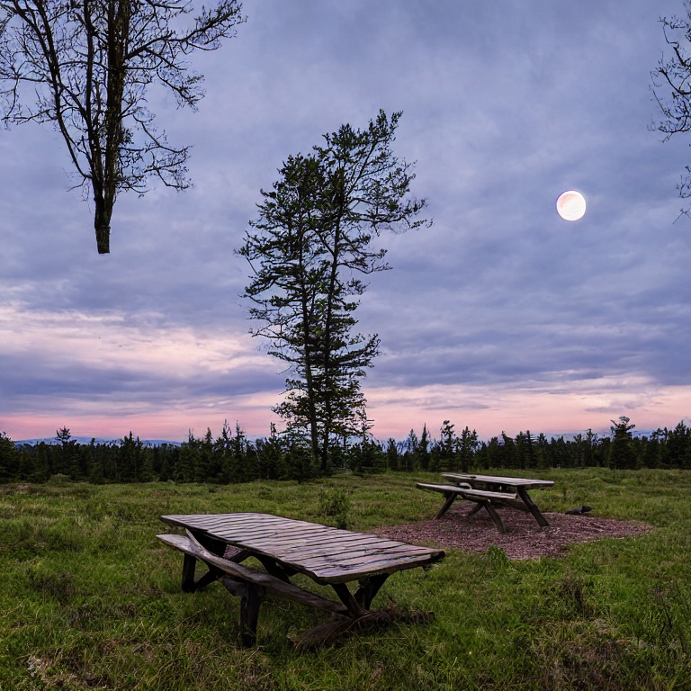 A black tent rests on a dirt patch at a paved campsite in Upstate New York. Hikers and a picnic table sit nearby as sunrise light breaks through the cloudy sky. Rough land, distant hills, and a pale moon create a peaceful outdoor scene.