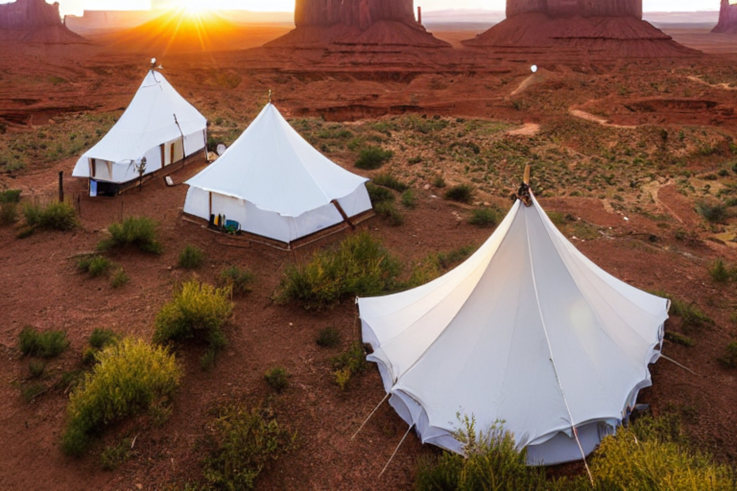 A white tent rests on a paved campsite beneath the tall cliffs of Monument Valley. A warm campfire glows beside the picnic table, while flowers brighten the wet ground. In the distance, a person’s flashlight shines through the soft golden rain.