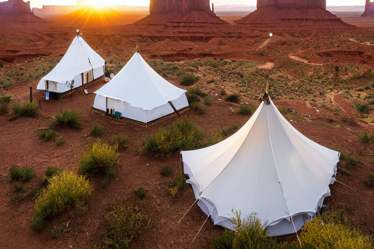 A white tent rests on a paved campsite beneath the tall cliffs of Monument Valley. A warm campfire glows beside the picnic table, while flowers brighten the wet ground. In the distance, a person’s flashlight shines through the soft golden rain.
