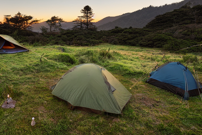 A tan tent rests on a dirt clearing in Big Sur, surrounded by tall grass and trees. Hikers gather near a warm campfire, while a hammock hangs nearby under the soft, rainy golden-hour sky.