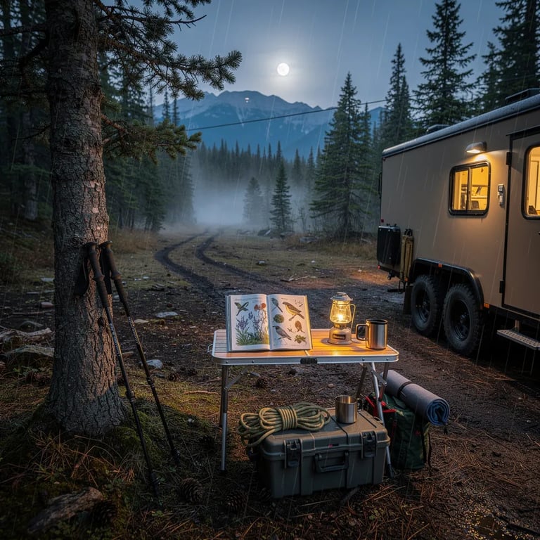 A quiet clearing in the pine trees sits under a cool blue moonrise, with a soft mist drifting through the air. A small khaki tiny house on wheels glows warmly, making the wet ground and pine cones sparkle. Nearby, a camp table holds an open nature book and neatly stacked gear, while trekking poles rest against a spruce. Light sleet falls, and the whole place feels calm and wild.