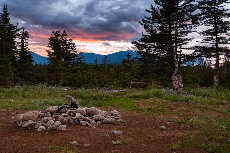A black tent rests on a rocky dirt campsite along the Maine coast. A winding hiking path and small twig lie nearby, while mountains rise in the distance. Soft sunset light glows beneath the cloudy sky.