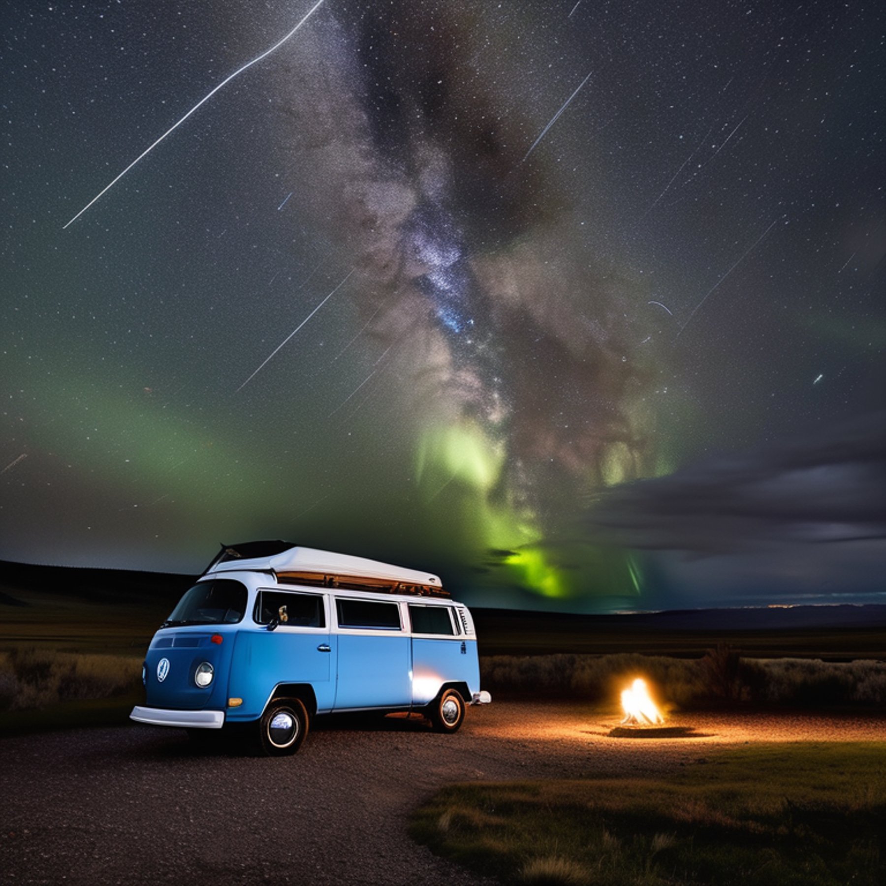 A gray and blue campervan rests on a rough campsite beneath a stormy night sky. Bright green and blue northern lights ripple above Montana’s dark landscape. A warm lantern glows beside the van, surrounded by fallen leaves and dirt.