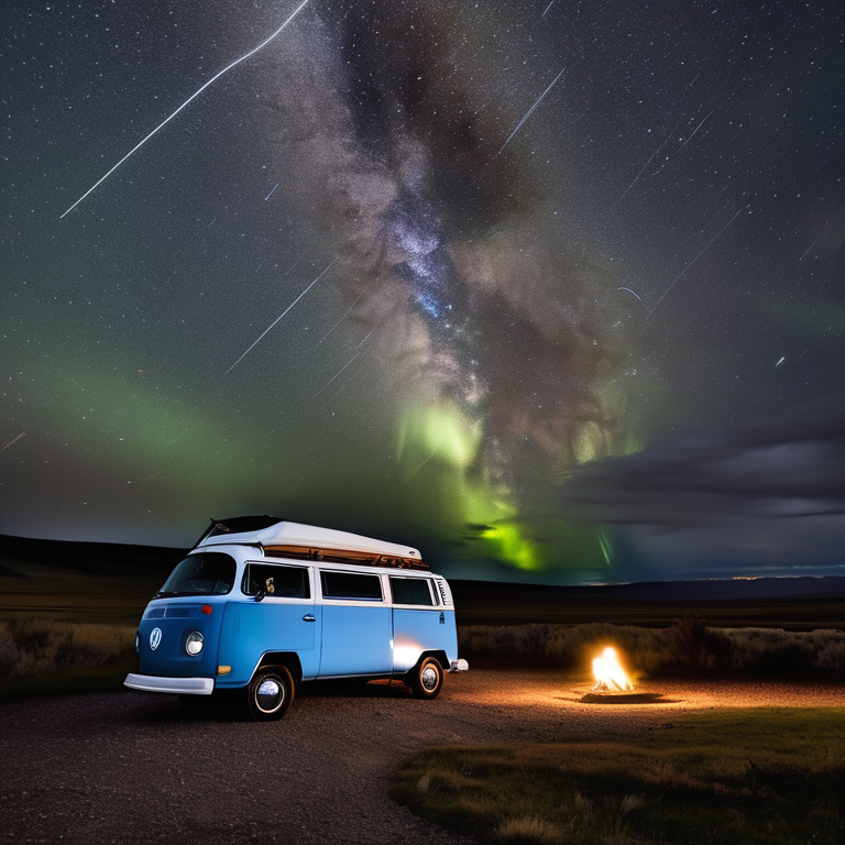 A gray and blue campervan rests on a rough campsite beneath a stormy night sky. Bright green and blue northern lights ripple above Montana’s dark landscape. A warm lantern glows beside the van, surrounded by fallen leaves and dirt.