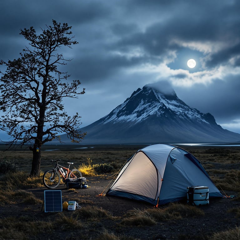 Under a glowing full moon, the cozy tent sits by a gentle tree and a majestic mountain. A bicycle rests nearby, ready for trails, while soft light seeps from the tent. The peaceful night sky and nature's quiet make this campsite feel magical.