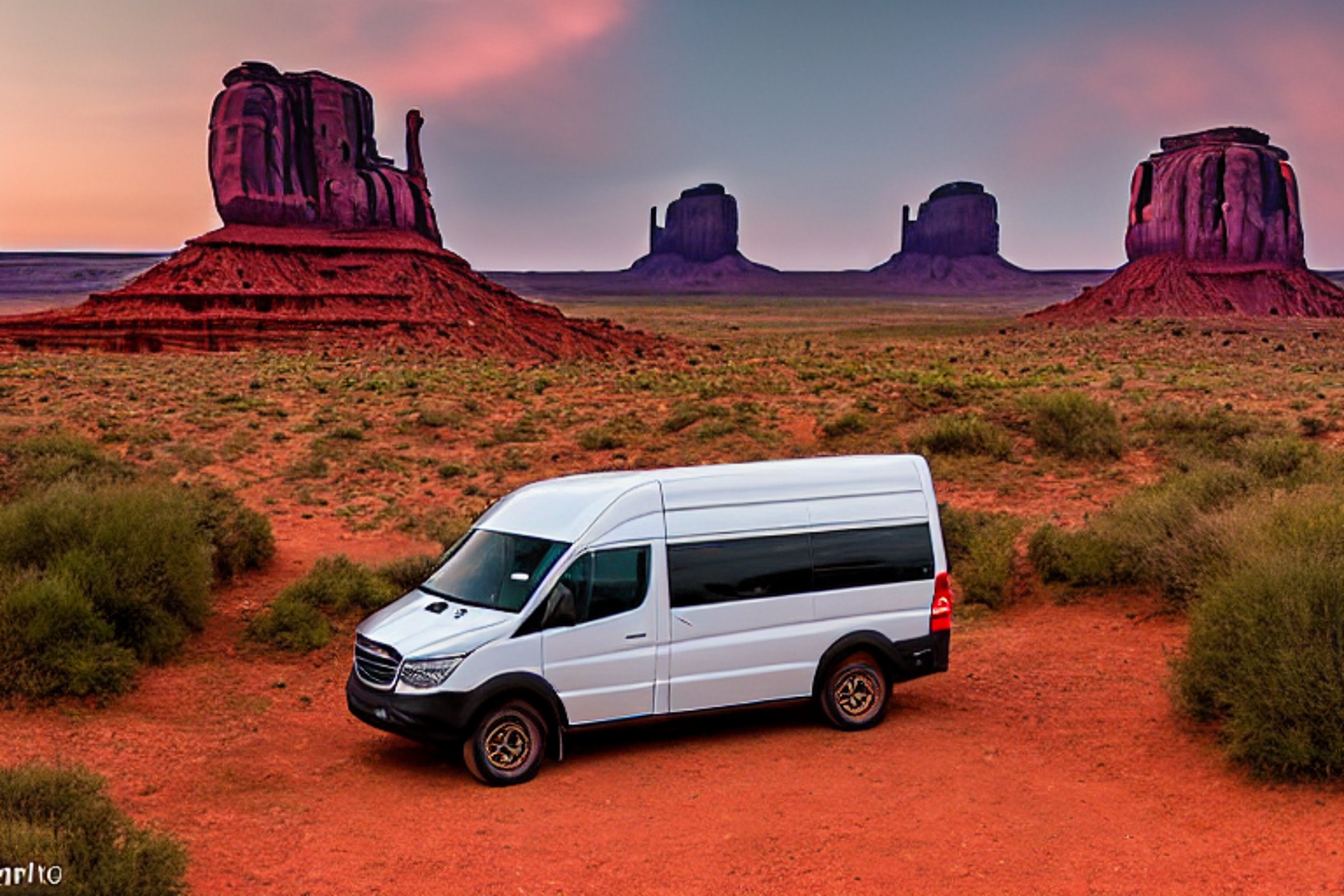 A cozy camper van rests on a dusty campsite in Monument Valley as the sun sets. Large stone slabs, small trees, and a clothesline with hanging clothes add charm to the quiet scene. Light fog gives the rugged landscape a soft, peaceful feeling.