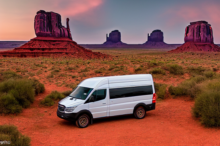 A cozy camper van rests on a dusty campsite in Monument Valley as the sun sets. Large stone slabs, small trees, and a clothesline with hanging clothes add charm to the quiet scene. Light fog gives the rugged landscape a soft, peaceful feeling.