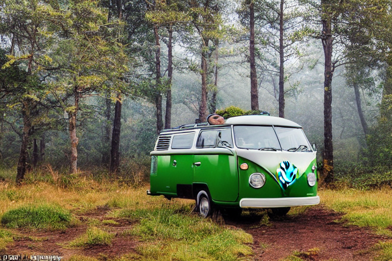 A green VW camper van rests on a dirt campsite surrounded by small trees and bright fall colors. Soft fog gives the Hawaiian forest a calm, dreamy feel, while hikers and a distant deer add life to the scene.