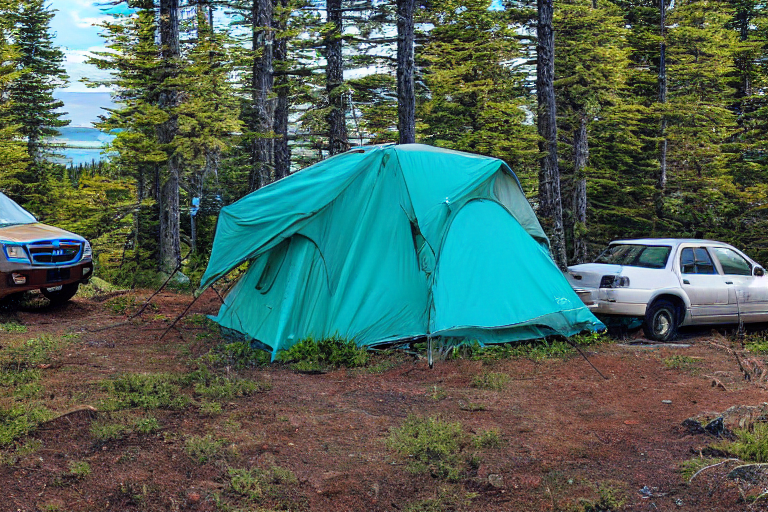 A teal Subaru sits at a quiet dirt campsite in Isle Royale National Park, with its rooftop tent open to the clear sky. A picnic table and hammock rest among the trees, while rugged mountains rise in the distance.