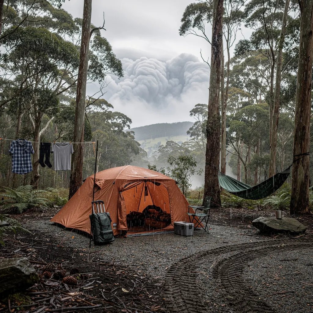 A cozy terracotta tent sits in a quiet forest clearing, surrounded by tall eucalyptus and pine trees. The ground is wet and scattered with pine cones, and light sleet and drizzle drift through the cool air. A hammock hangs between two trees while a small clothesline flutters nearby. Above the treetops, dramatic clouds break open in patches, making the campsite feel wild and peaceful.
