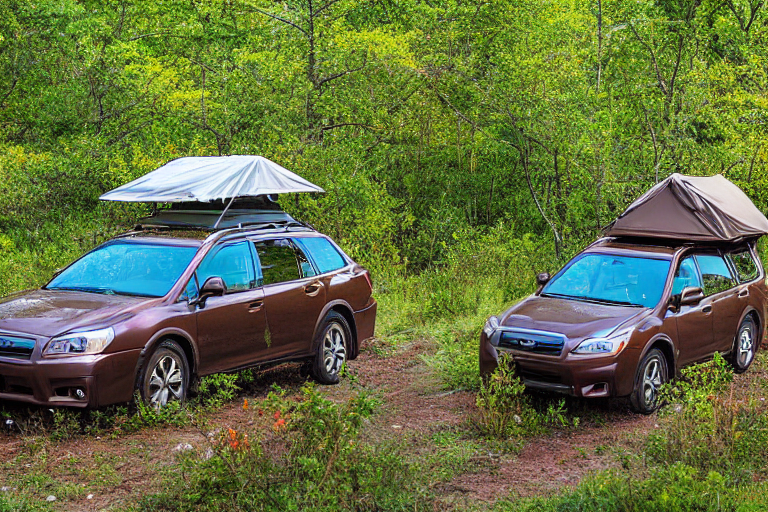 A brown Subaru with an open rooftop tent rests on a quiet dirt campsite in the Ozarks. Wildflowers, bushes, and small trees surround the clearing, creating a peaceful night retreat.