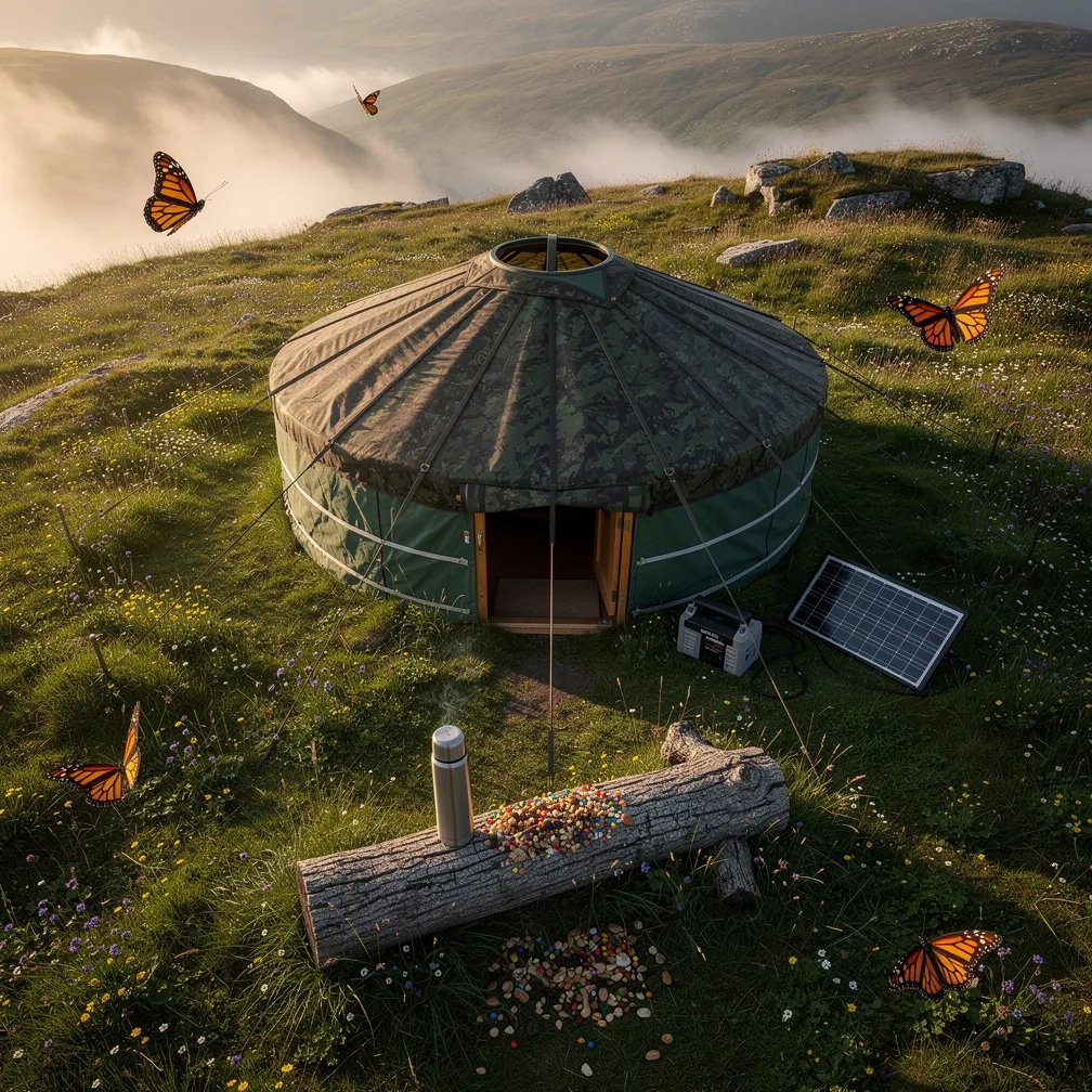 A green camo yurt sits on a grassy hill in the Scottish Highlands, glowing in warm golden-hour light as soft mist rolls by. Wildflowers dot the grass, and a few butterflies drift on the breeze. By the door, a small solar panel charges a battery, and a weathered log holds a thermos of coffee with a little trail mix spilled beside it.