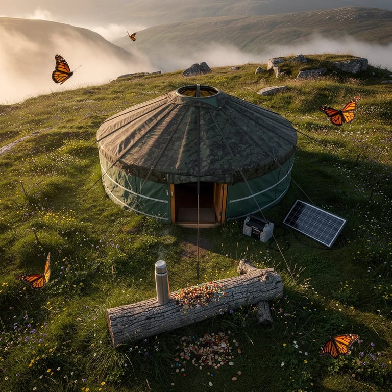 A green camo yurt sits on a grassy hill in the Scottish Highlands, glowing in warm golden-hour light as soft mist rolls by. Wildflowers dot the grass, and a few butterflies drift on the breeze. By the door, a small solar panel charges a battery, and a weathered log holds a thermos of coffee with a little trail mix spilled beside it.