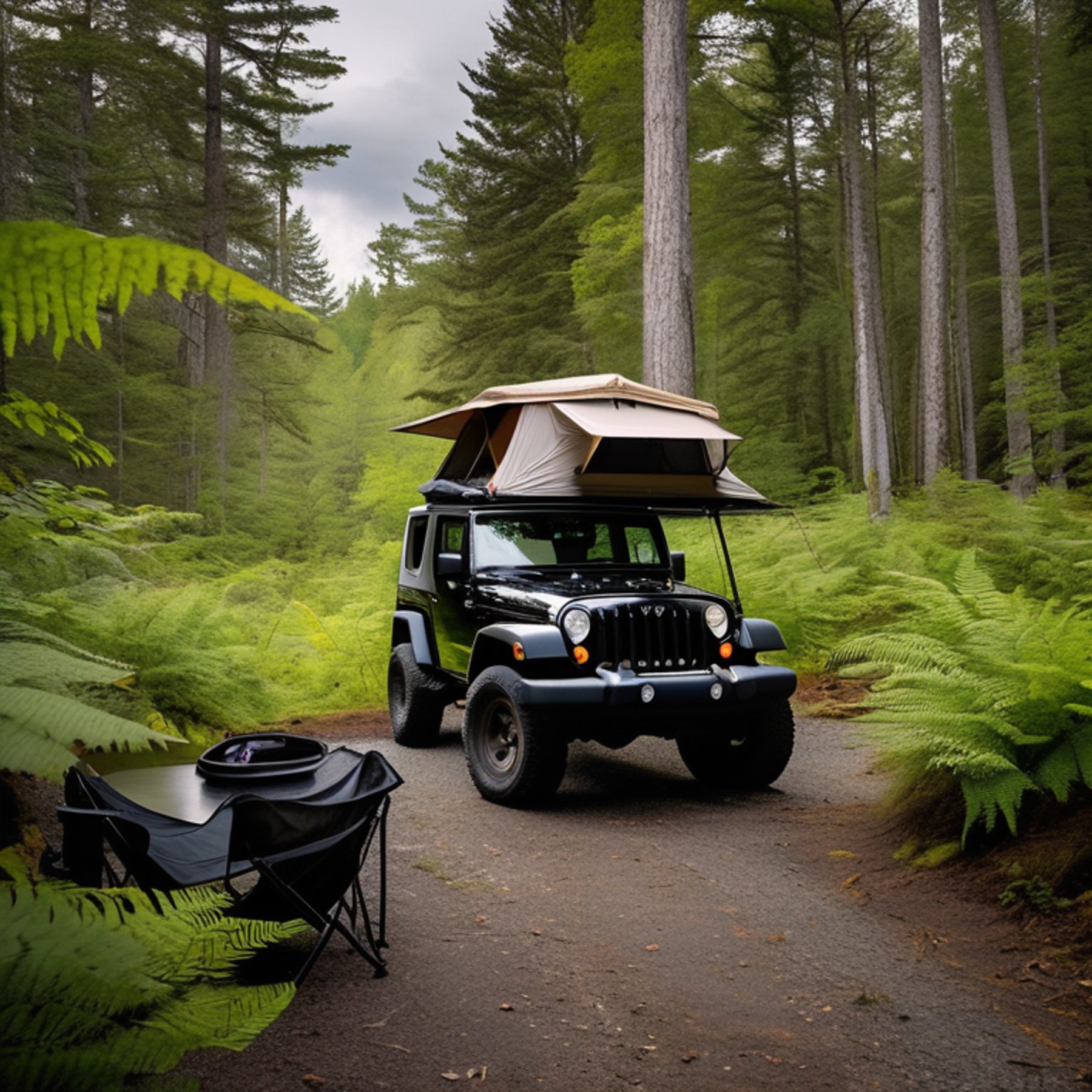 A black Jeep with an open rooftop tent rests at a paved campsite in Upstate New York. Ferns surround a small dirt patch, with camping chairs nearby and hikers enjoying the cloudy day.