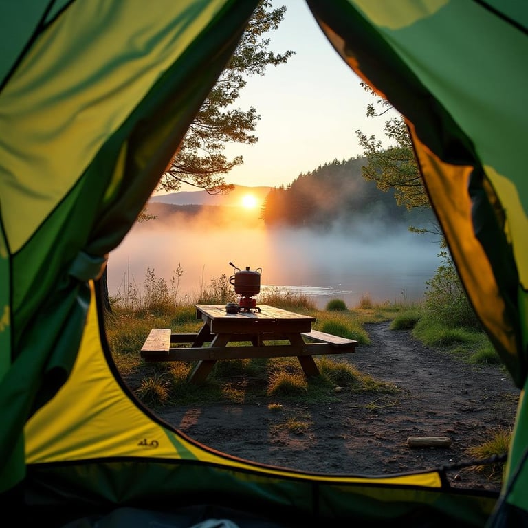 A bright lime green tent rests along the Maine coast as the sun sets. A picnic table holds a small camping stove beside a dirt path. Wind moves through the trees while soft mist rises from a nearby river.