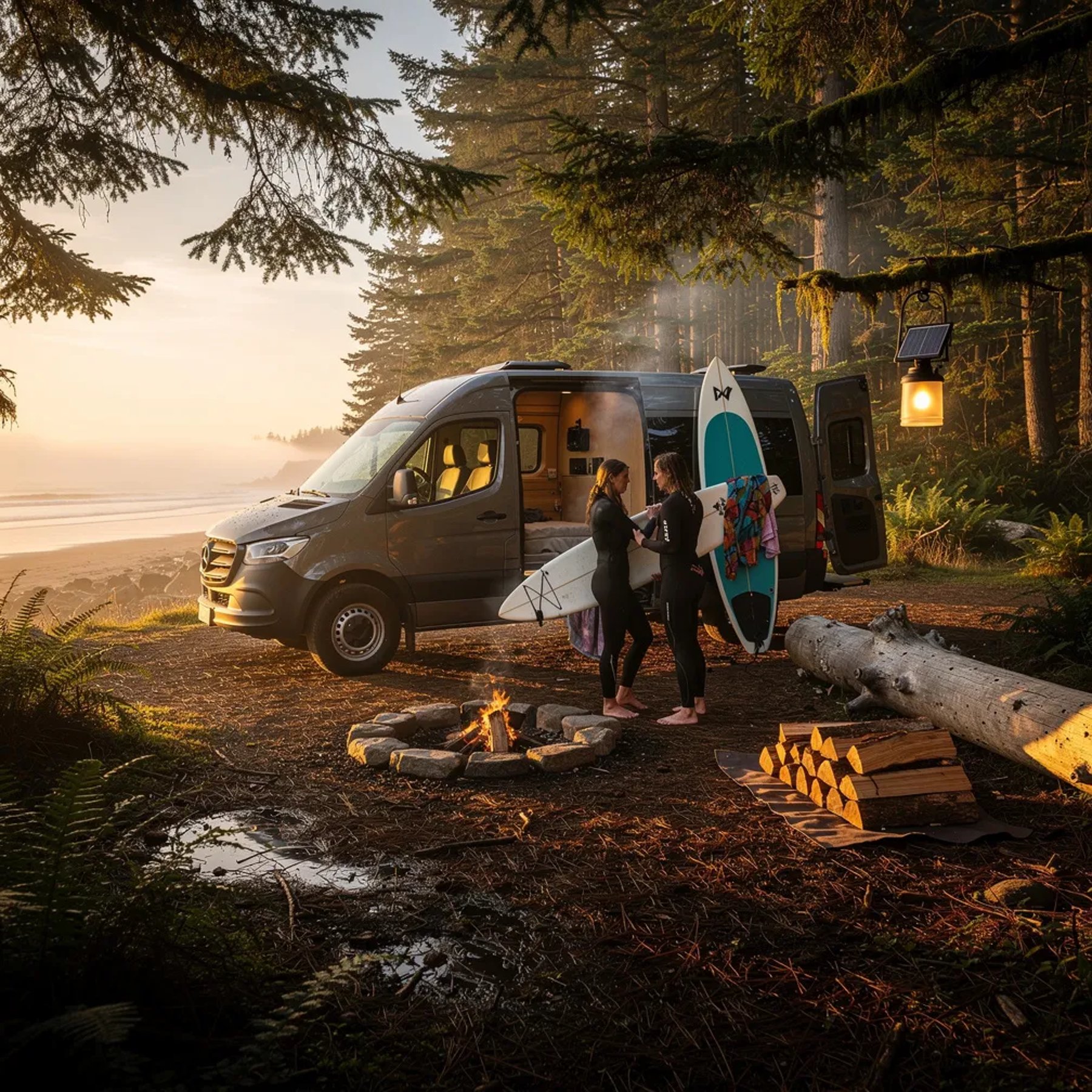 A quiet campsite sits in a wet coastal forest, where tall evergreen trees glow in the golden sunset. A dark van is parked by a small fire ring, with a tidy stack of firewood and a lantern hanging from a low branch. Two surfers in wetsuits unload their boards as light smoke drifts through the trees, and the ocean can be heard nearby.
