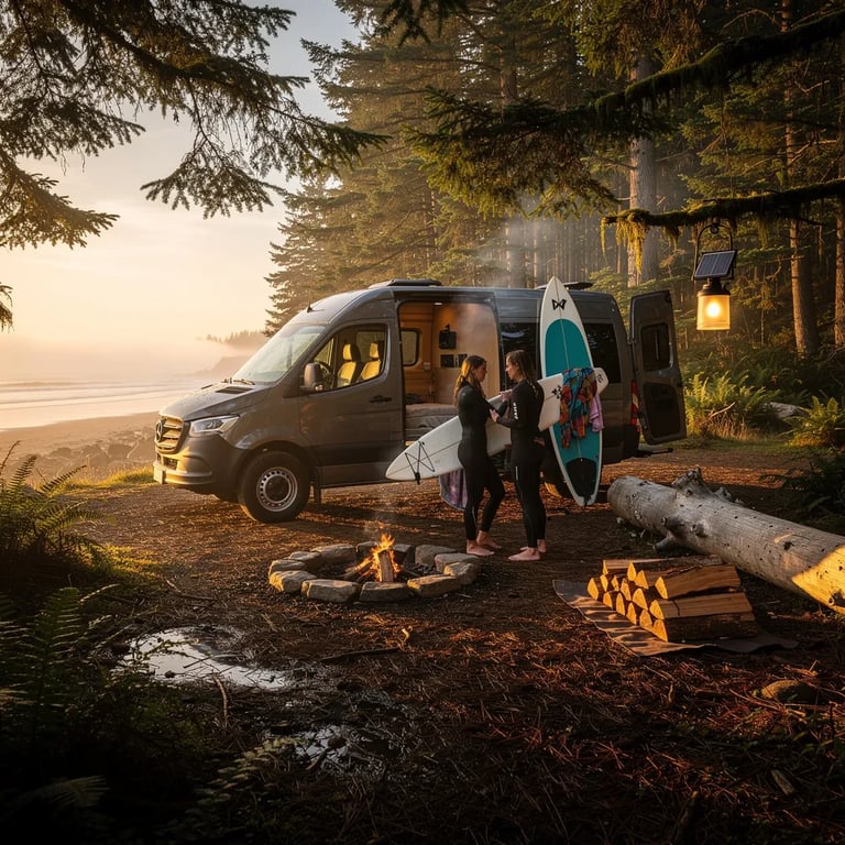 A quiet campsite sits in a wet coastal forest, where tall evergreen trees glow in the golden sunset. A dark van is parked by a small fire ring, with a tidy stack of firewood and a lantern hanging from a low branch. Two surfers in wetsuits unload their boards as light smoke drifts through the trees, and the ocean can be heard nearby.