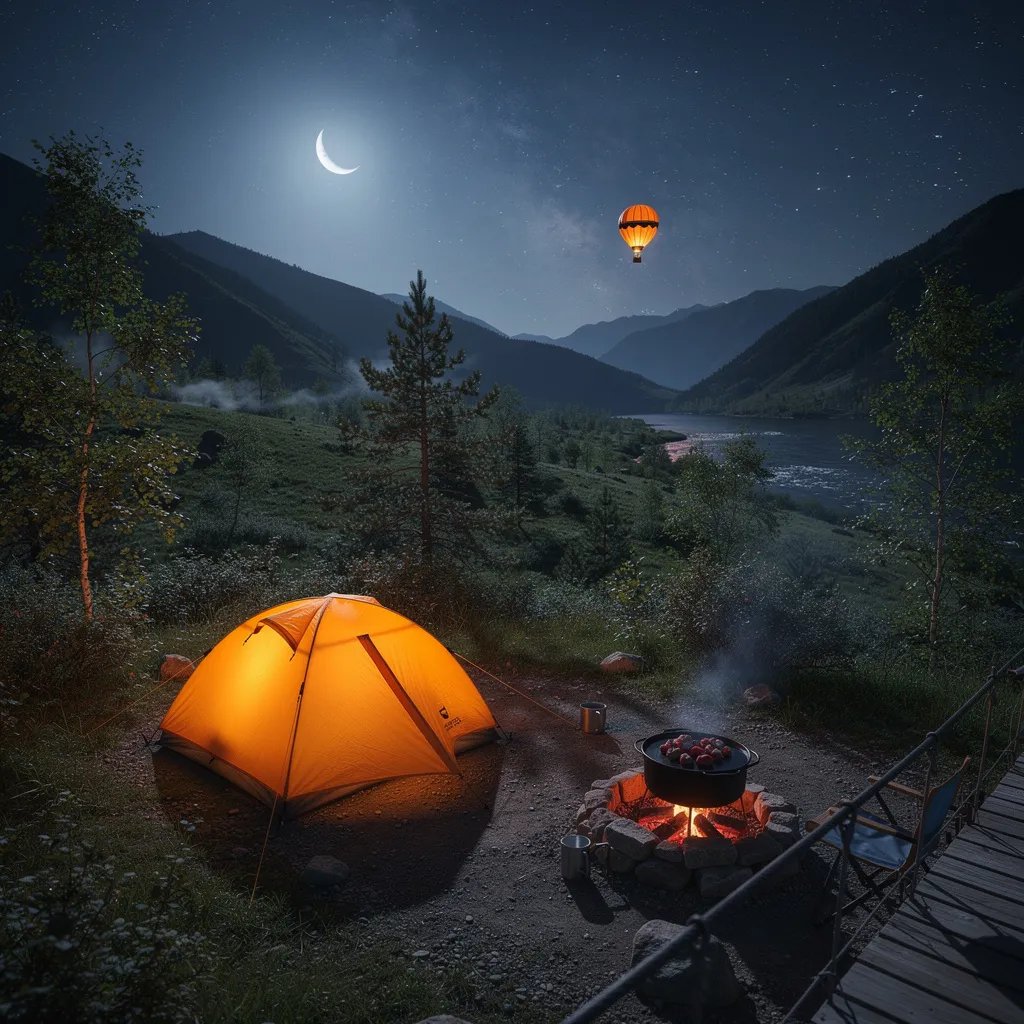 A bright orange tent glows in a quiet mountain valley under a thin moon and a sky full of stars. A small campfire warms a dutch oven, with red coals shining on the ground. Far away, a tiny hot-air balloon light floats over the dark hills.