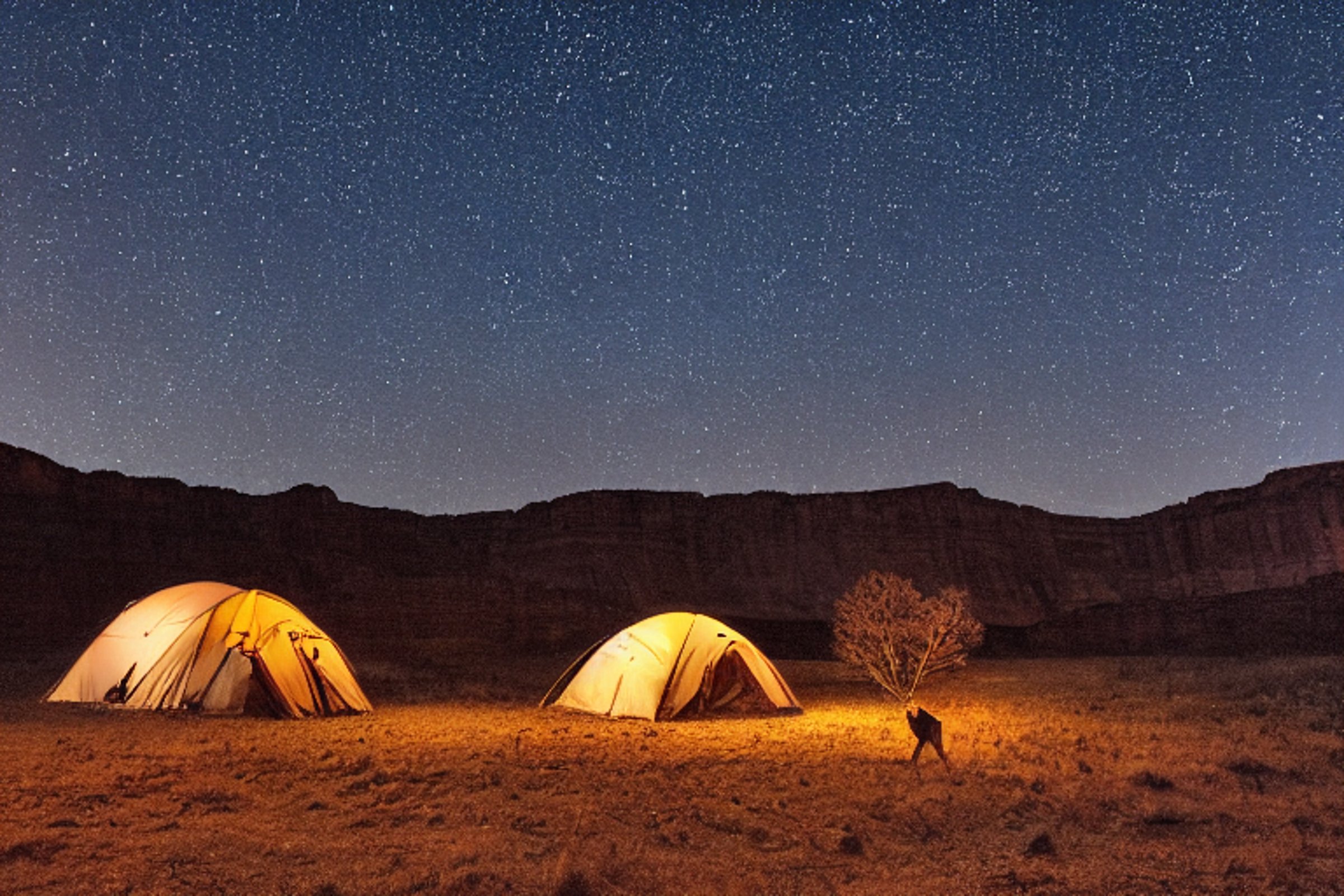A brown tent rests on a quiet dirt campsite beneath a star-filled sky in Capitol Reef National Park. Snow dusts the ground and nearby red rocks, while a deer stands in the distance along the hiking path.