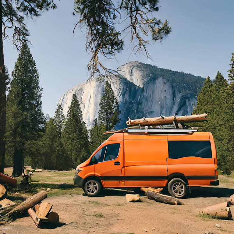 An orange camper van rests on a sunny dirt campsite in Yosemite National Park. A stone-ringed campfire and logs sit nearby, with hikers enjoying the view of the tall mountain under a clear blue sky.
