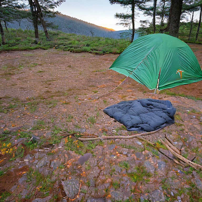 A green tent rests on a rocky campsite in the misty Smoky Mountains. Rainy sunrise light shines through the forest, while clothes hang from a nearby line. Stone patches and a small twig add a cozy, wild touch.