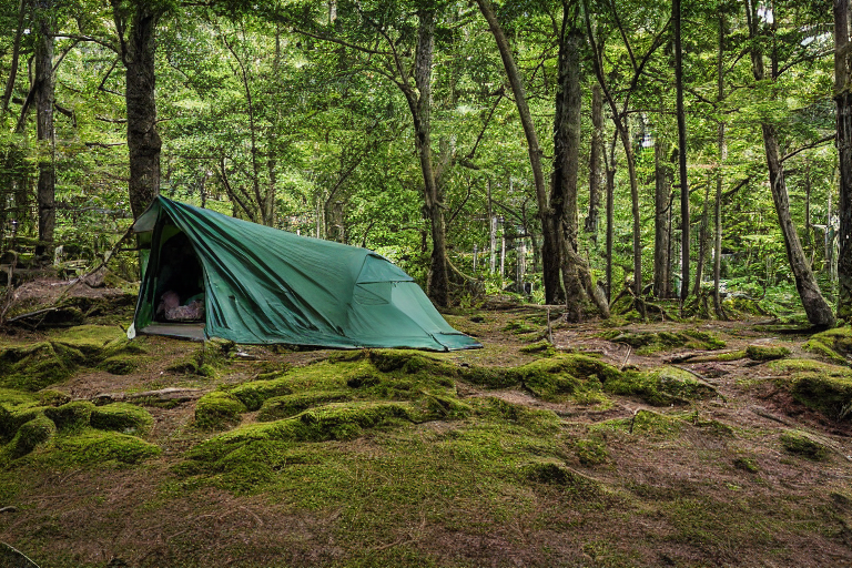 A forest green tent rests on a sunny dirt campsite in Miyajima, Japan. Moss-covered trees and small plants surround the peaceful spot, while a backpack sits nearby.