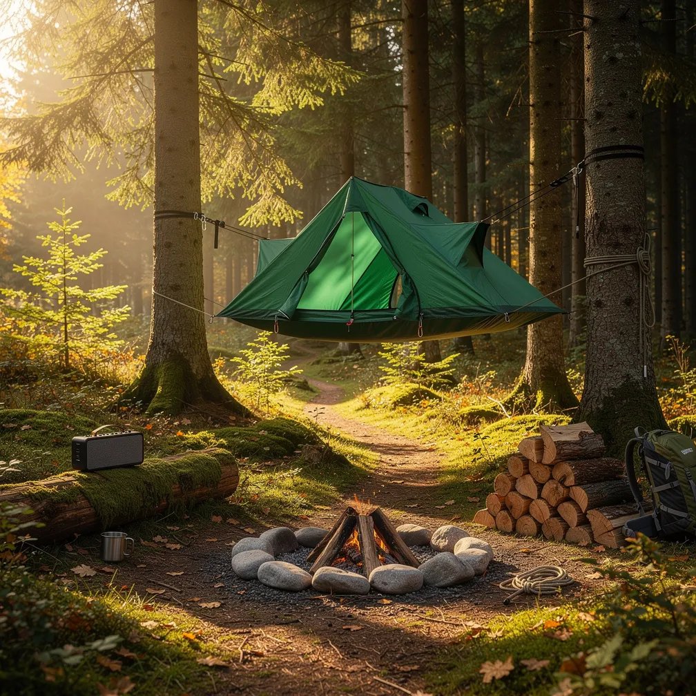 A quiet campsite sits deep in a pine forest, with soft sunbeams shining through the tall trees. A green tree tent hangs above a mossy ground sprinkled with leaves and tiny plants. Below, a stone fire ring and a neat stack of firewood wait for night, with a small speaker resting on a log nearby. The whole place feels calm, hidden, and warm in the golden afternoon light.