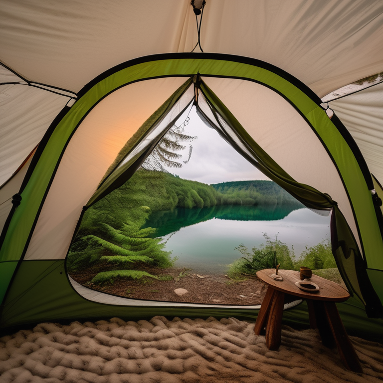 A forest-green tent rests on a quiet dirt campsite in Plitvice Lakes National Park. Ferns, a large rock, and a winding hiking path surround it as the snowy forest glows beneath the sunset sky.