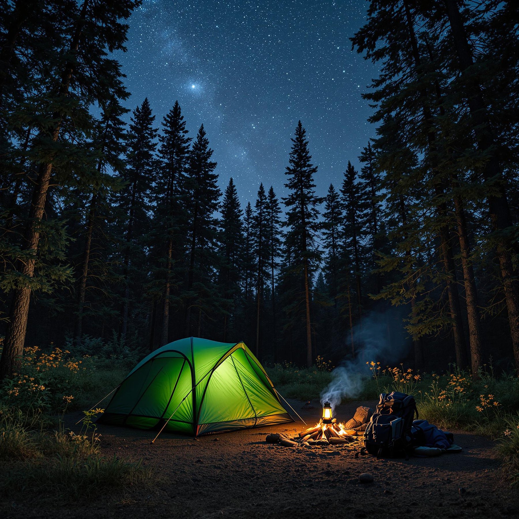 Under a sky filled with twinkling stars, a cozy green tent glows softly amid towering trees. A friendly campfire crackles nearby, casting a warm light on the clearing. The fresh forest air makes everything feel peaceful and magical.
