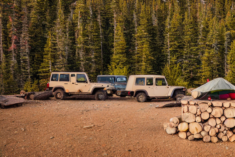 A forest-green Jeep with a rooftop tent rests in a quiet dirt campsite. Fall trees and large bushes surround a warm campfire beneath the glowing northern lights. Light rain adds a peaceful, cozy feeling.