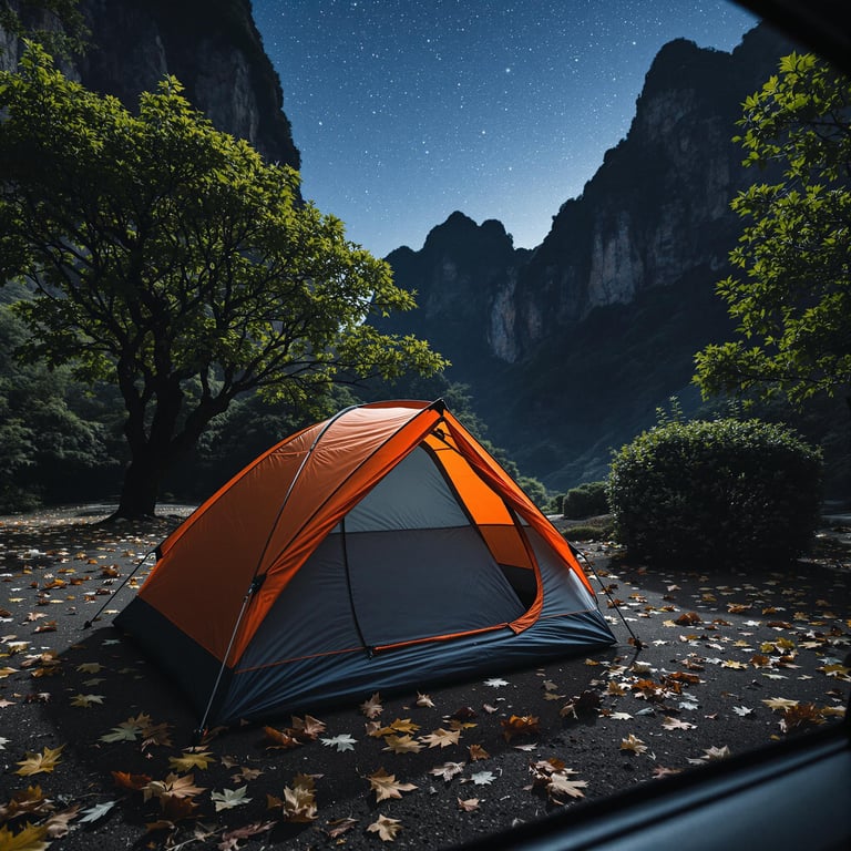 A gray and orange tent rests among tall trees and thick bushes in Zhangjiajie, China. Leaves cover the ground as bright stars fill the night sky. The quiet campsite feels wild and peaceful.