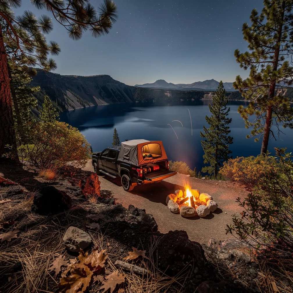 A quiet campsite sits on a rocky cliff above dark Crater Lake, with pine trees all around. A black truck has a tent in its bed, glowing softly in the blue evening light. A small campfire crackles in a ring of stones, and thin smoke drifts up as the first stars appear.