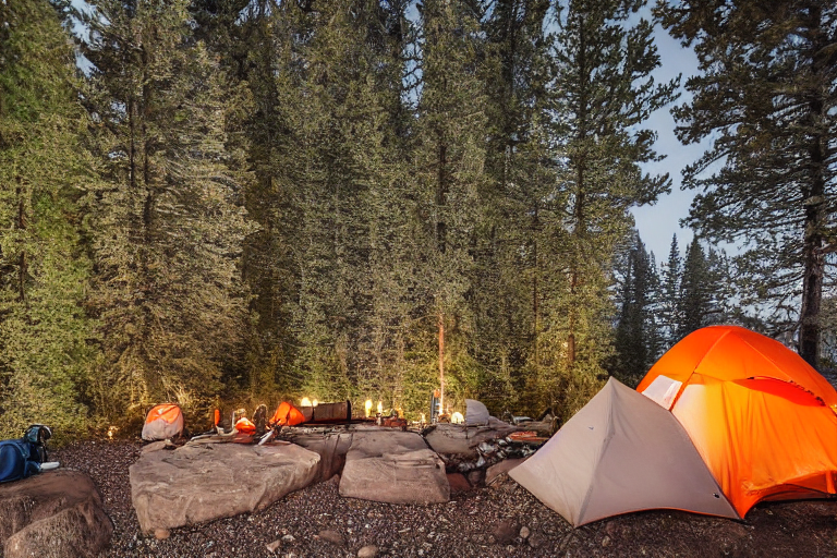 A gray and orange tent glows softly beside a warm campfire under a star-filled Colorado sky. Rocky ground, a picnic table, and a clothesline with clothes give the campsite a cozy, lived-in feel.
