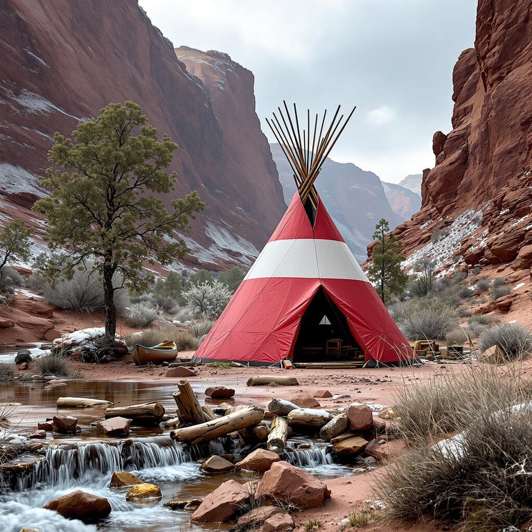 A red-and-white tepee rests among the red cliffs of Capitol Reef. A small waterfall flows nearby, with a canoe beside the camp and ancient petroglyphs carved into the rocks. Light sleet adds a quiet, wild feeling.