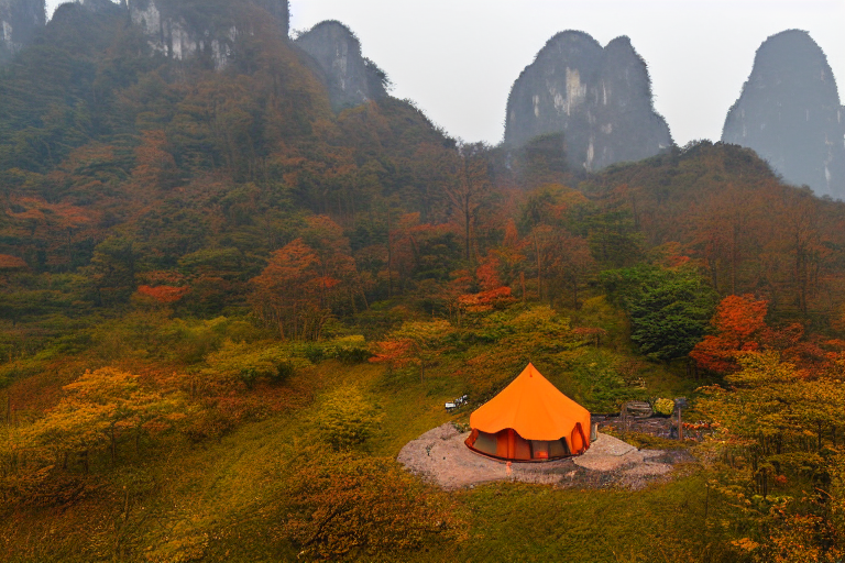An orange tent rests on a sunny dirt campsite in Zhangjiajie, China. Mossy trees and bright fall leaves surround the clearing, while tall mountains rise in the background.
