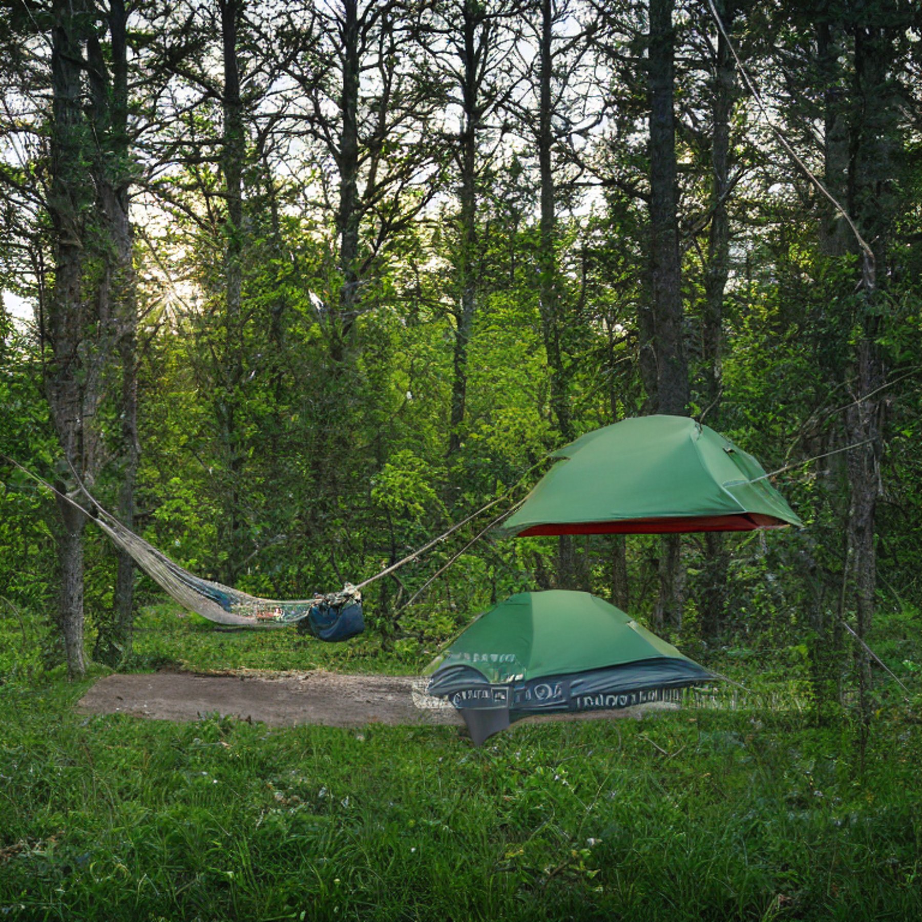 A forest-green tent rests on a quiet campsite beneath the trees. A picnic table, berry-covered bush, and hammock make the spot feel cozy and welcoming. In the distance, a person’s flashlight glows softly in the night.