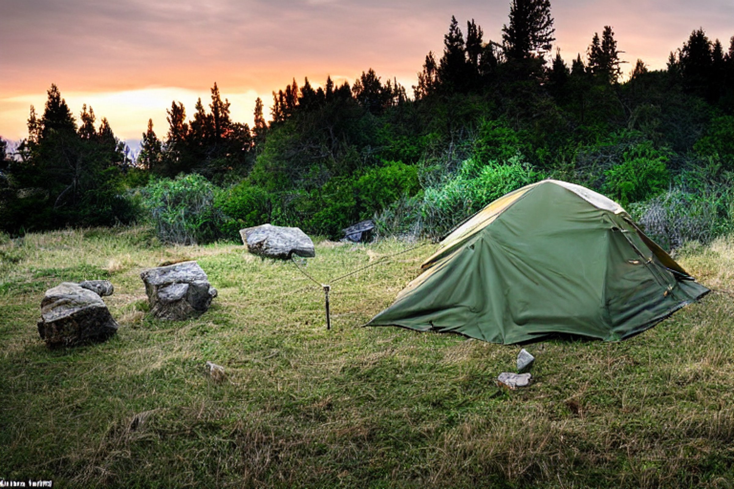A green camo tent rests on a rough dirt campsite along the California coast. Tall grass, a large rock, and a picnic table surround the site as clouds glow in the sunset sky.