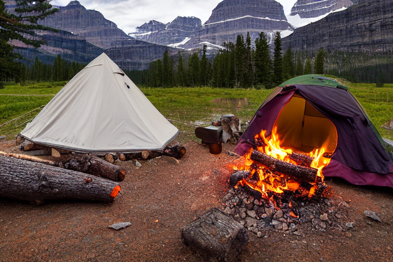 A cozy tent sits on a paved campsite in Glacier National Park at dusk. A warm campfire glows among a ring of stones, with logs, a picnic table, and hikers nearby. Cloudy skies and the quiet trees create a peaceful outdoor mood.