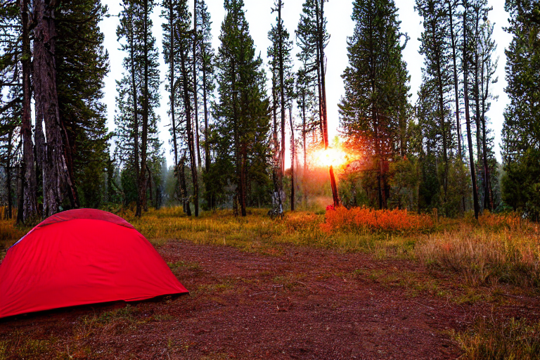 A bright red tent rests on a paved campsite in Yellowstone, surrounded by tall trees glowing with fall colors. A hammock hangs between two trees near a quiet dirt patch, while soft fog creates a calm, peaceful mood.