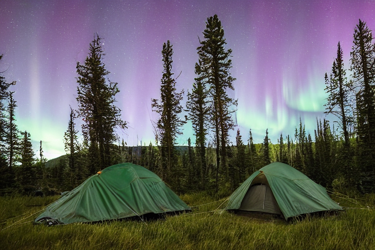 A green and tan tent rests on a quiet dirt patch in Yellowstone. Tall trees, ferns, and wet grass surround the campsite as rain falls softly. Bright green auroras glow above, with a distant moon shining through the night sky.