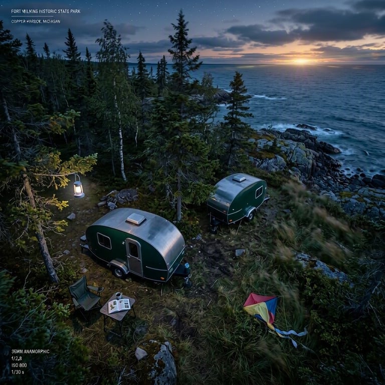 Two forest-green teardrop trailers rest beneath the trees in a quiet woodland campsite. A glowing lantern, camp chair, open field guide, and tangled kite hint at a recent arrival. Soft sunrise light filters through the breezy grass as the last stars fade above.
