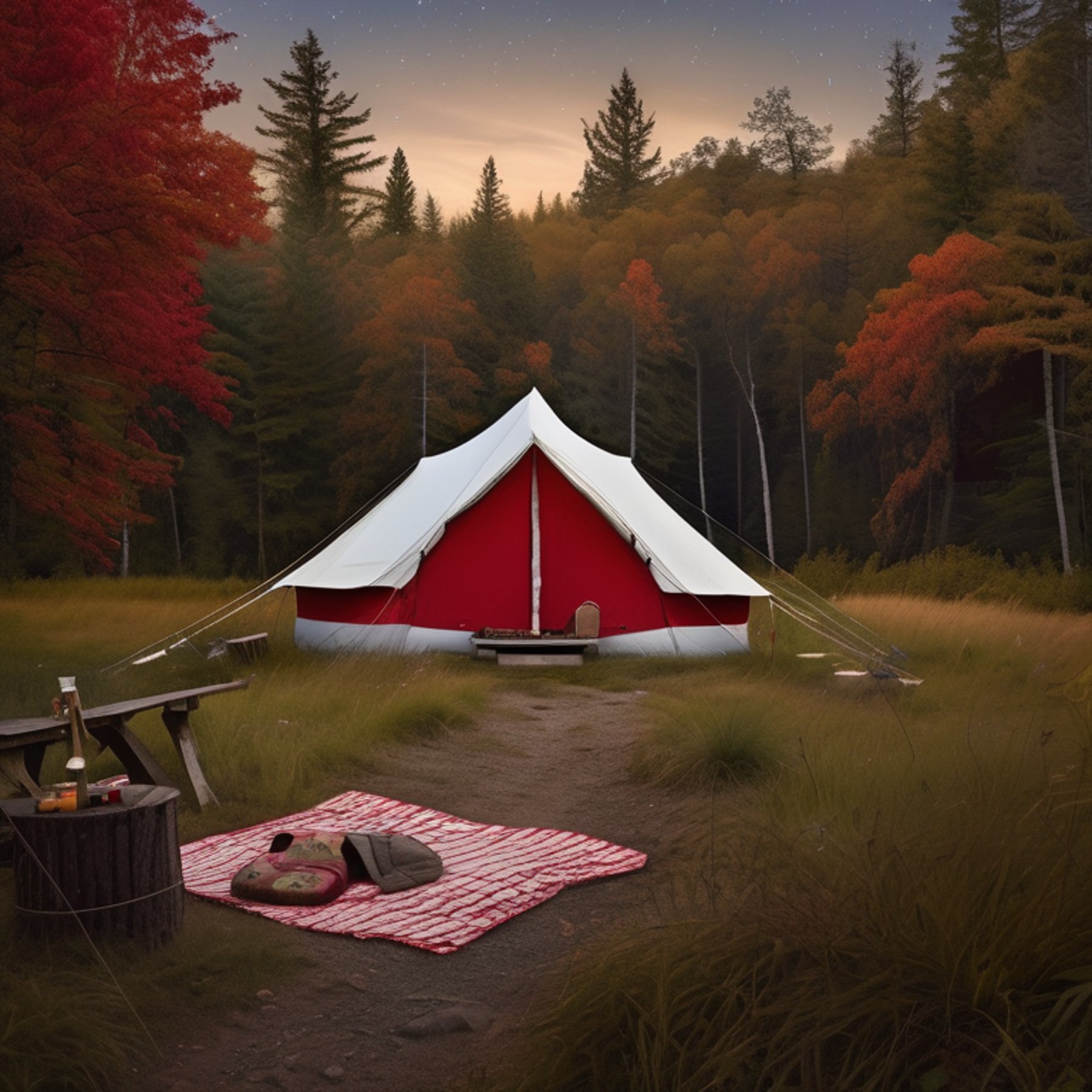 A red and white tent rests on a paved campsite deep in an overgrown forest. Under a cloudy, starry sky, a clothesline, picnic table, scattered stones, and a dirt path create a cozy outdoor scene.