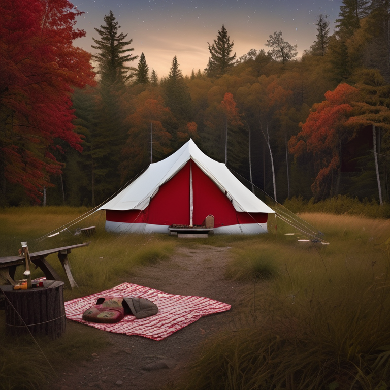 A red and white tent rests on a paved campsite deep in an overgrown forest. Under a cloudy, starry sky, a clothesline, picnic table, scattered stones, and a dirt path create a cozy outdoor scene.