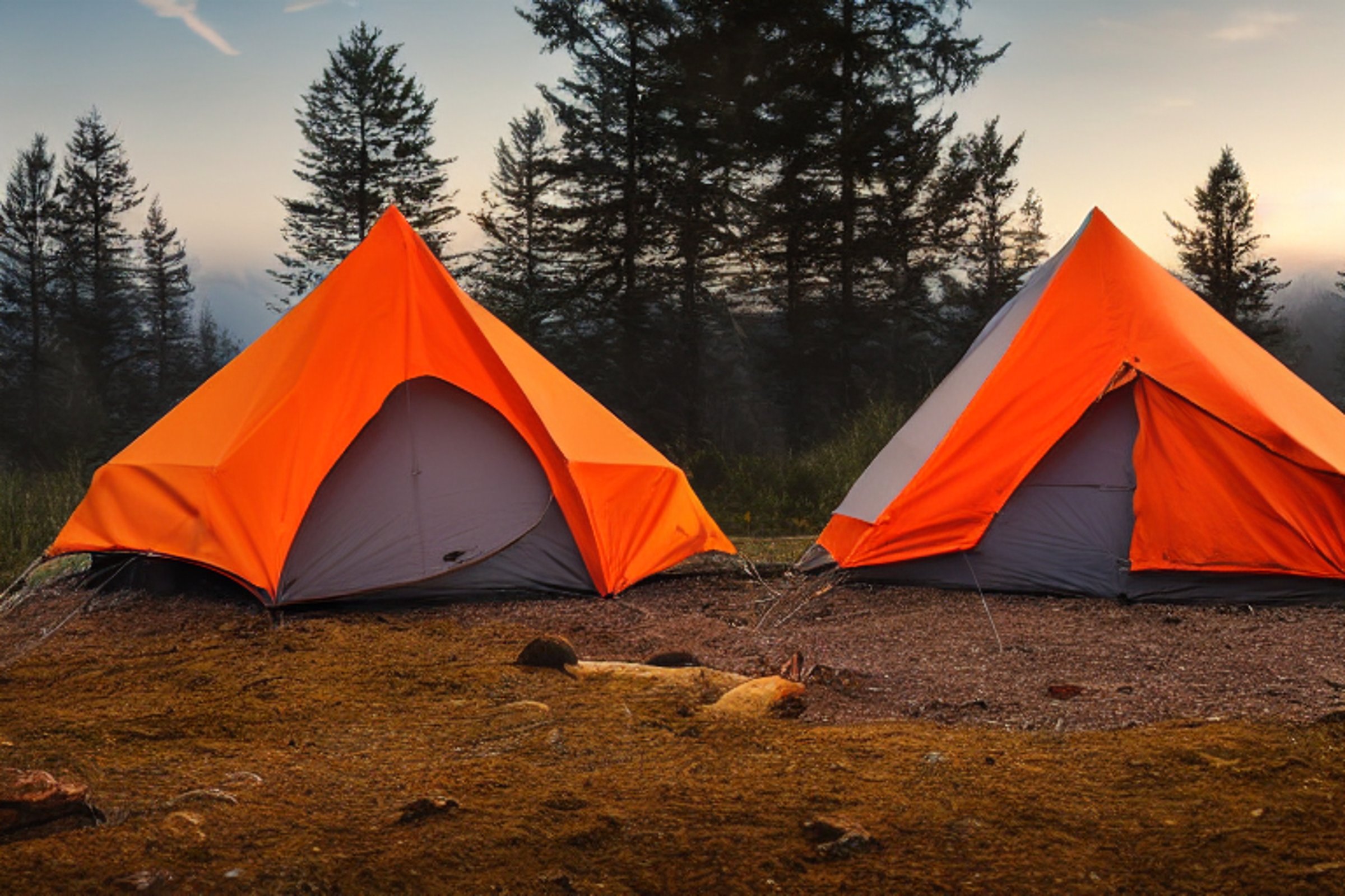 A gray and orange tent rests in a quiet dirt clearing beside a warm hot spring. A small campfire glows as fog drifts through the trees in the soft evening light.