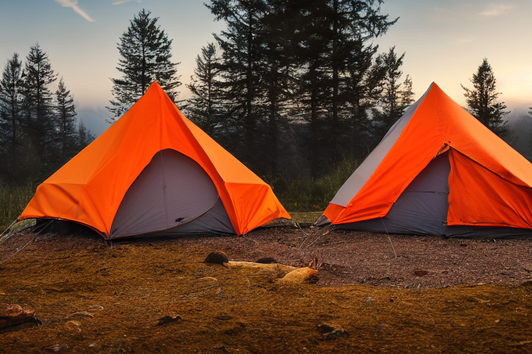 A gray and orange tent rests in a quiet dirt clearing beside a warm hot spring. A small campfire glows as fog drifts through the trees in the soft evening light.