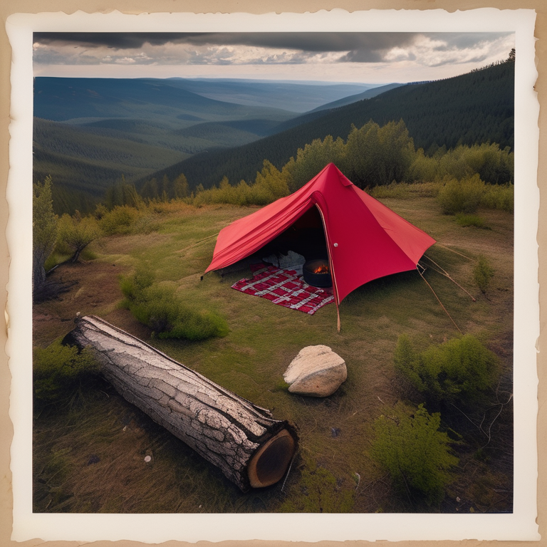 A red tent rests on a mountain campsite, surrounded by tall grass and berry-covered bushes. A small campfire burns on a dirt patch as dark storm clouds gather overhead, with the moon faintly visible in the distance.