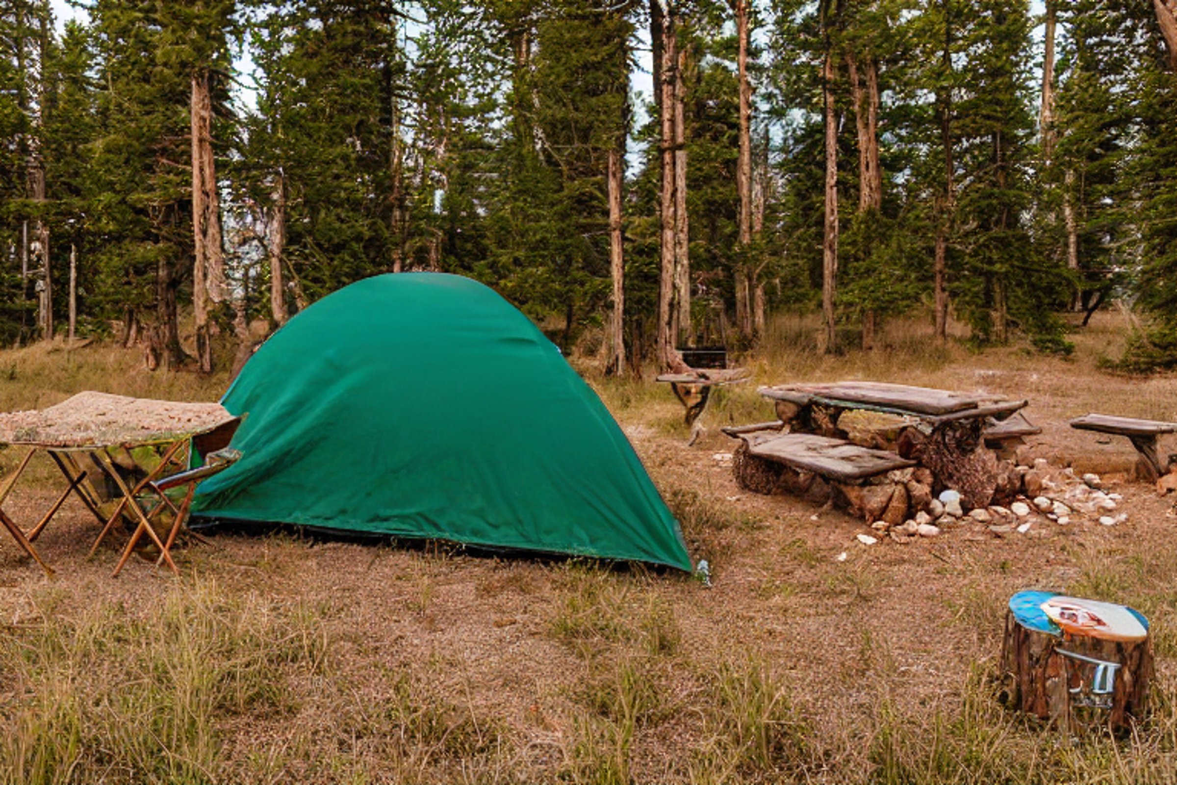 A green tent rests in a sunny campsite among tall grass and scattered leaves. Nearby, a stone-ringed campfire and picnic table create a warm, welcoming spot beneath the forest trees.