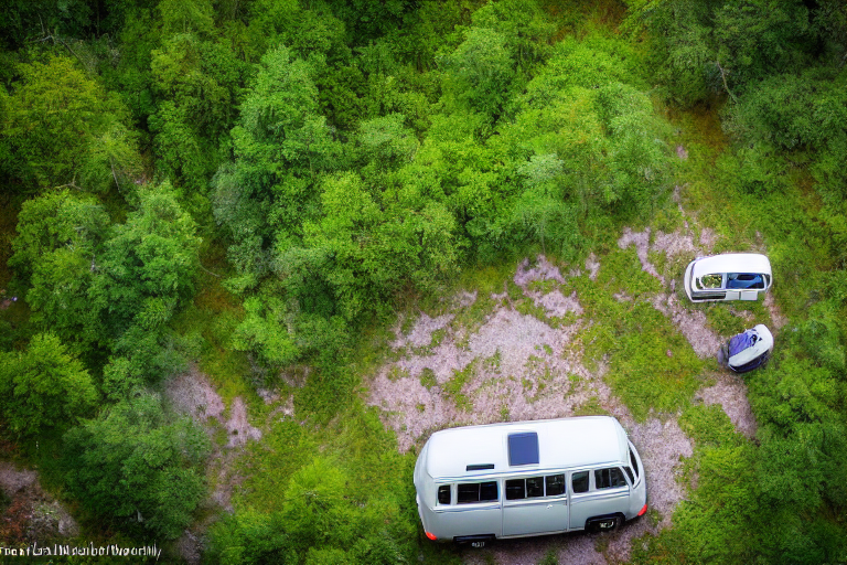 A forest green campervan rests on a dirt campsite among small trees and wildflowers. Soft fog fills the forest, while a pale moon hangs above the peaceful scene.