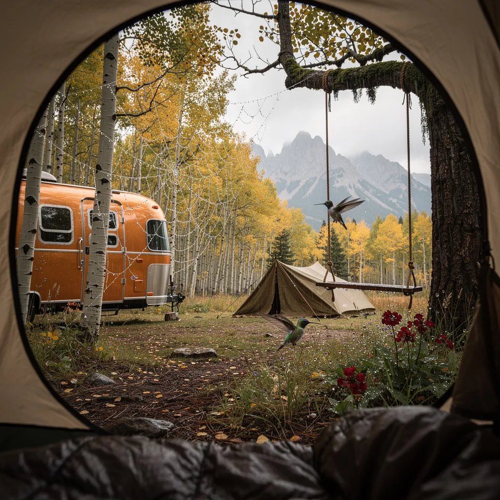 A rainy Colorado mountain campsite sits by an aspen grove, with golden leaves shining on the wet ground. An orange Airstream and a small tent feel cozy under the soft gray sky. Raindrops sparkle on a tiny spider web, and a rope swing hangs from a strong branch. Near the tent door, a hummingbird hovers by a bright red flower while a faint daytime moon watches above.